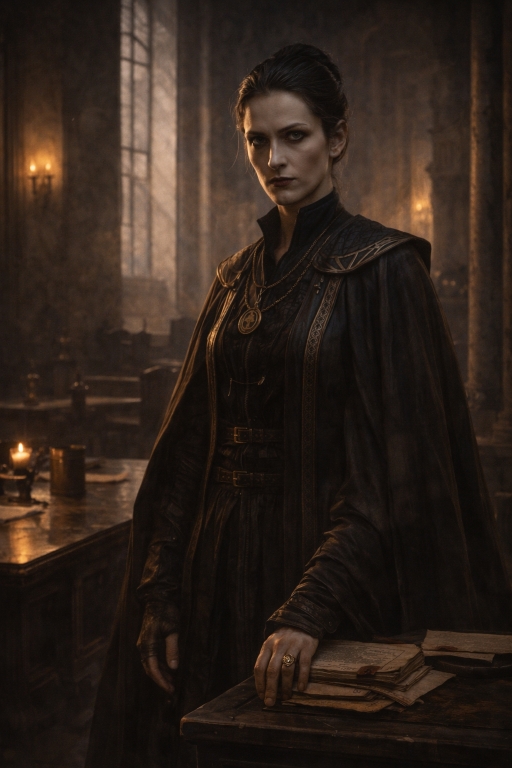 Portrait d'Elyra Corvane, magistrate du Haut Conseil de Vaelris