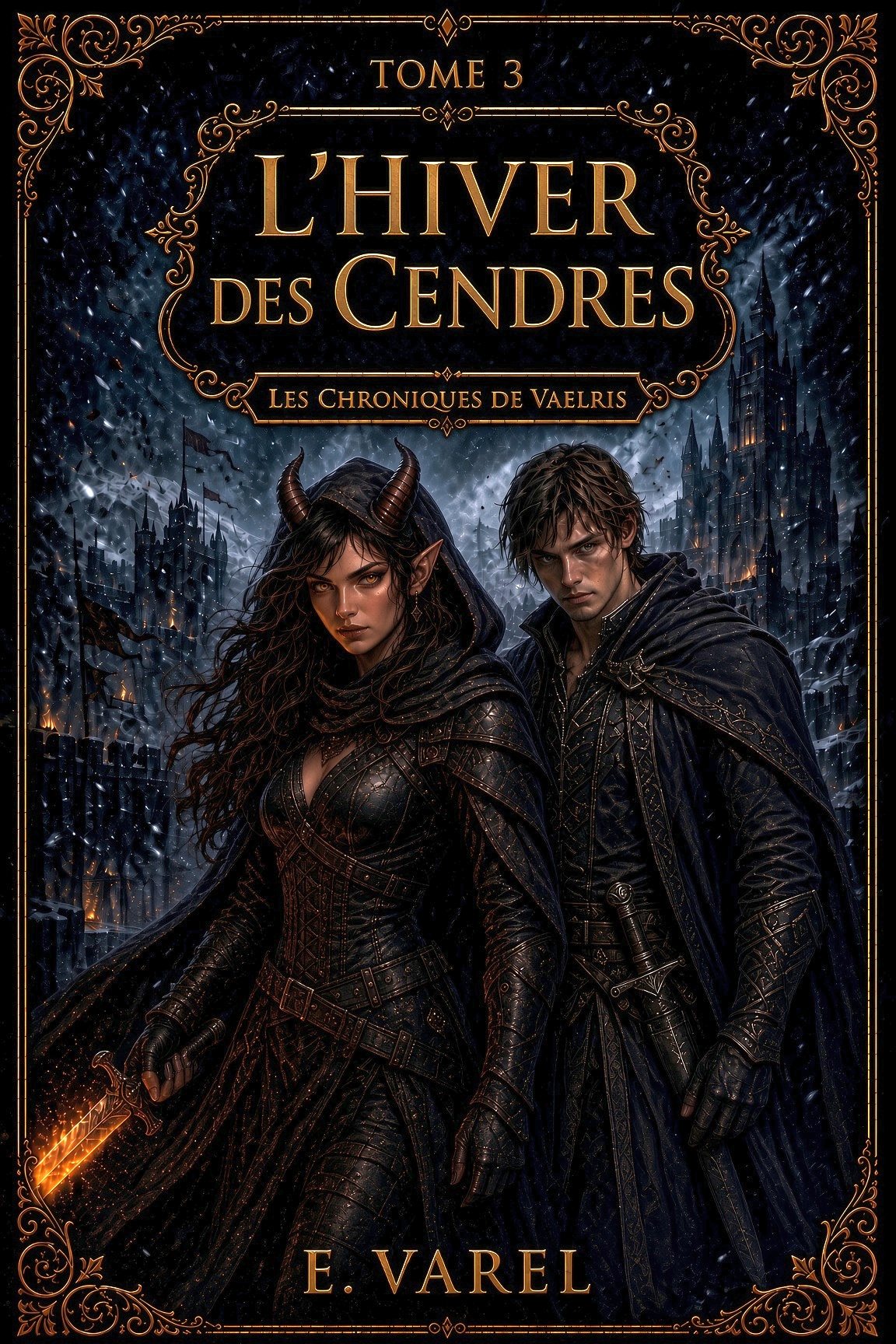 Couverture de L’Hiver des Cendres avec Kaelira et Rob dans une cité enneigée